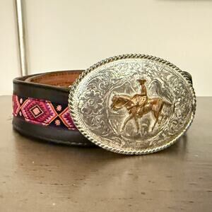 Vintage Tex-Tan Cowhide Western Belt 34 Southwest Inlay Alpaca Mexico Buckle